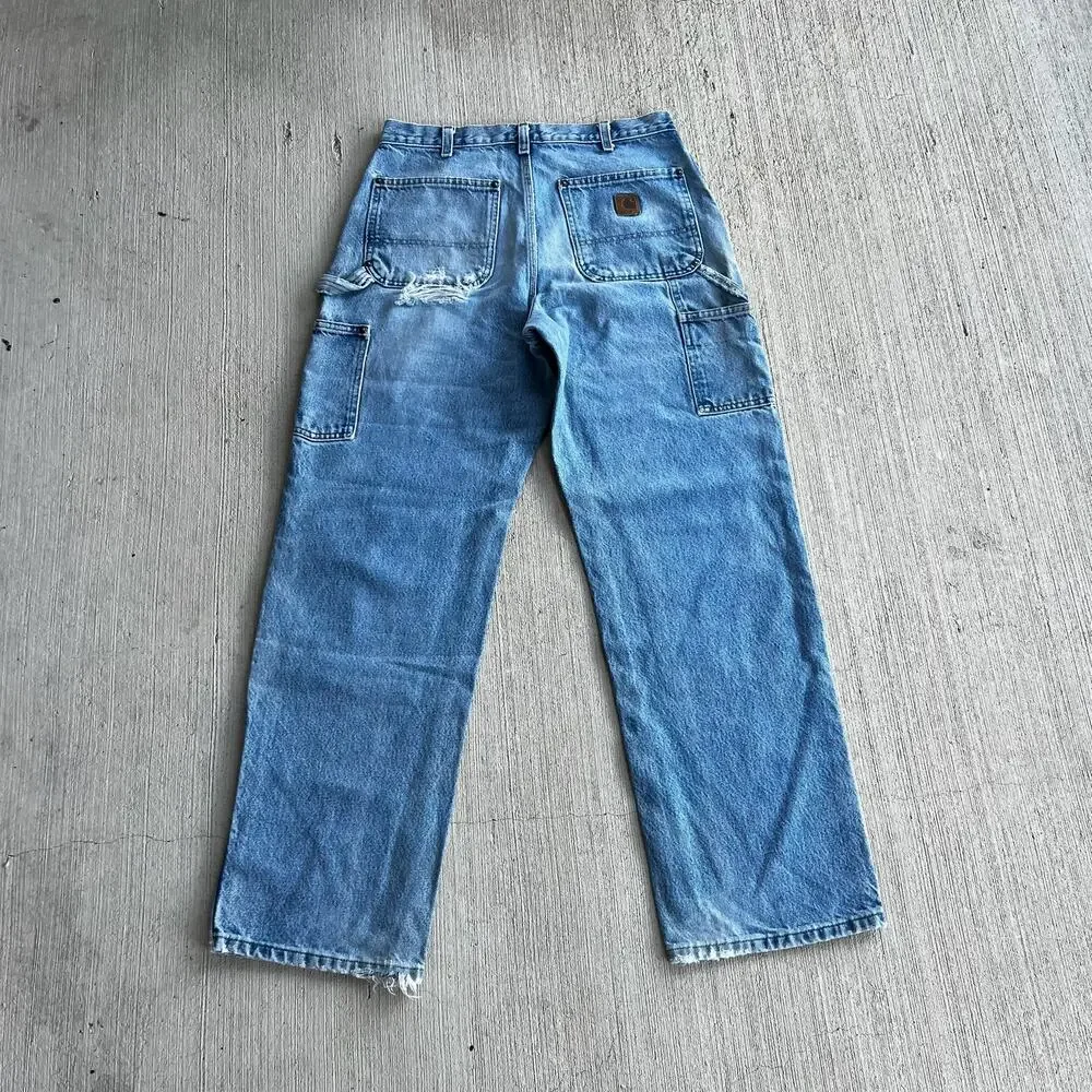 Carhartt faded denim blue jean double knee work wear carpenter pants